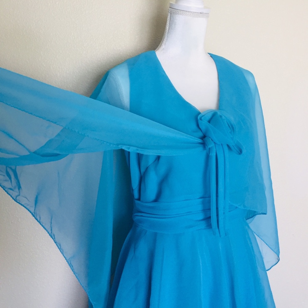 Iconic Vintage 60’s Chiffon Ruffled Blue Dress Sheer Evening Prom Mod Hipppie - Picture 5 of 8